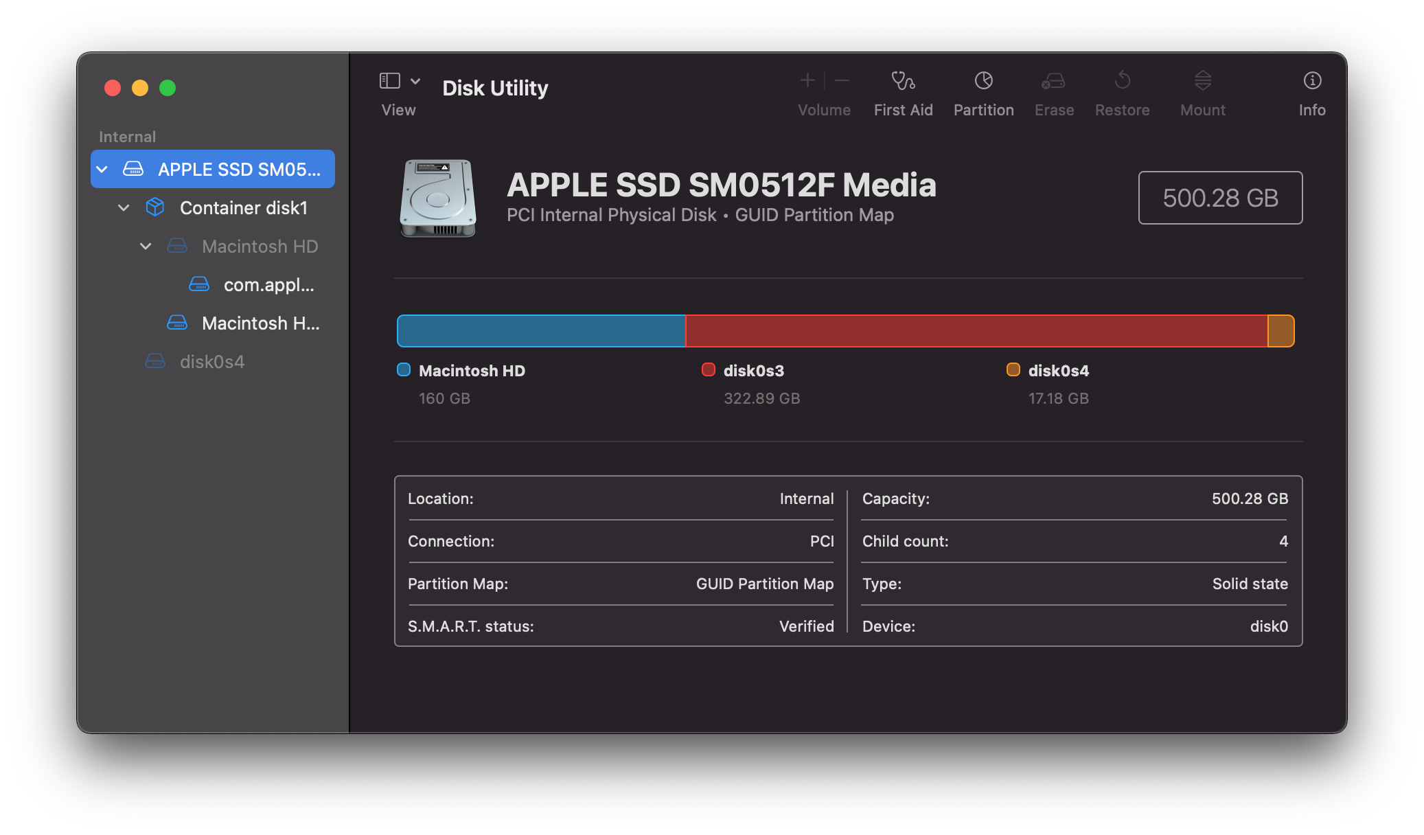 Disk Utility view after partitioning