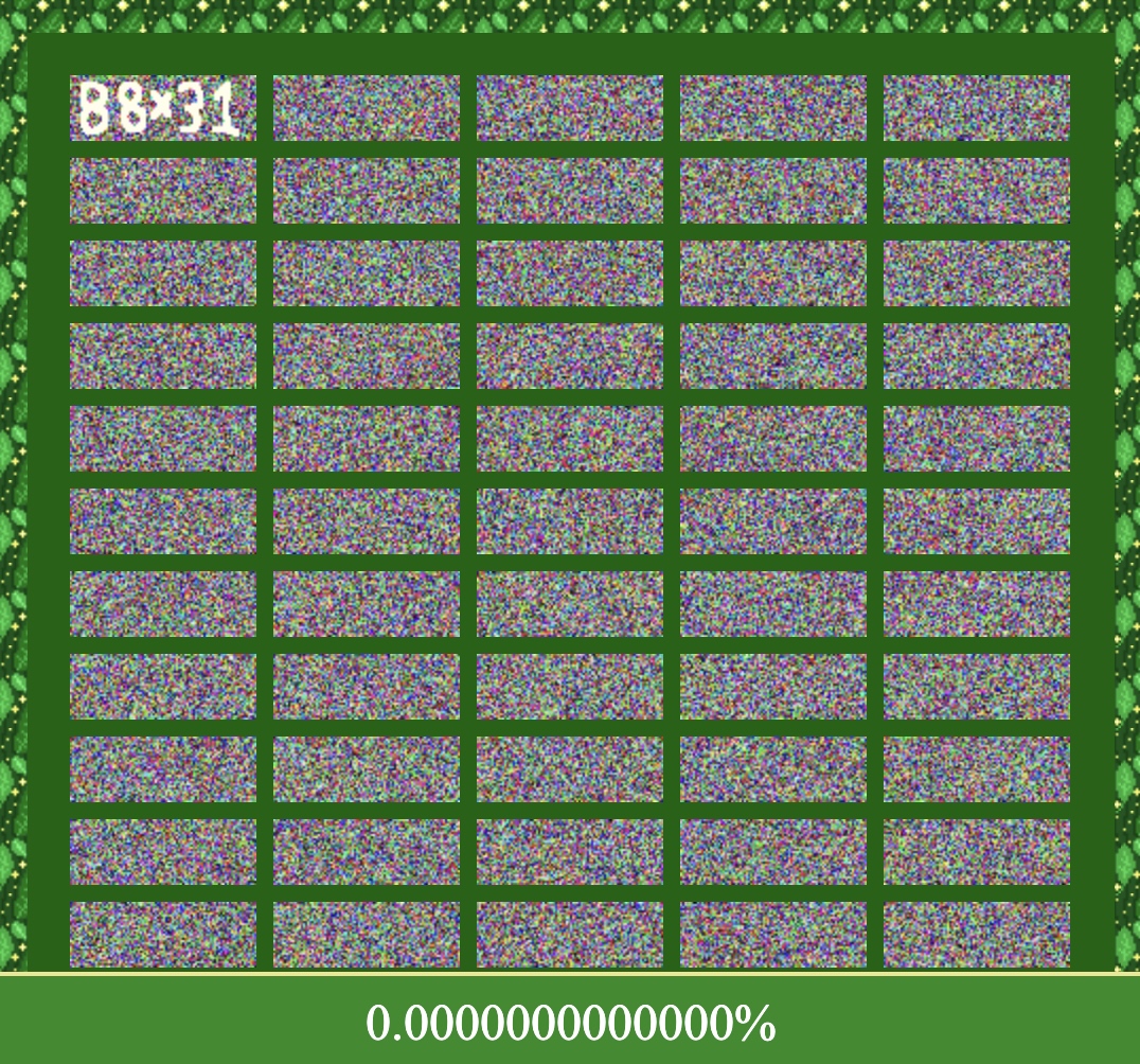 screenshot from babel's digital forest, containing dozens of 88x31 badges filled with seemingly random pixels. a counter at the bottom reads 0.0000000000000%